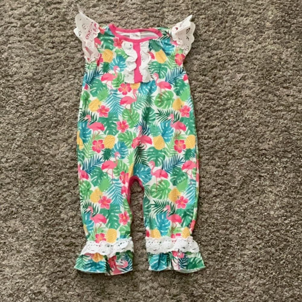 Green and Pink Floral Ruffle Jumpsuit